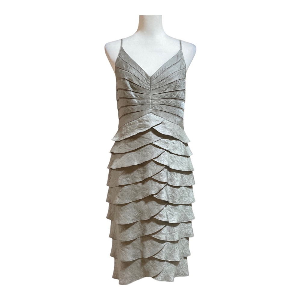 Andre Oliver Metallic silver gray scalloped cocktail dress. PTP 16”. Length 32”